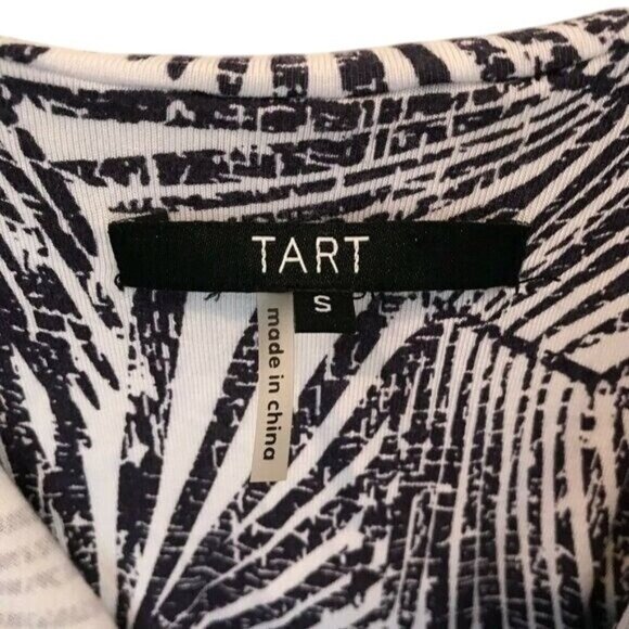 TART Size S Palm Leaf Print Ruched Bodycon Dress Stretch Navy White V-Neck - Picture 3 of 10